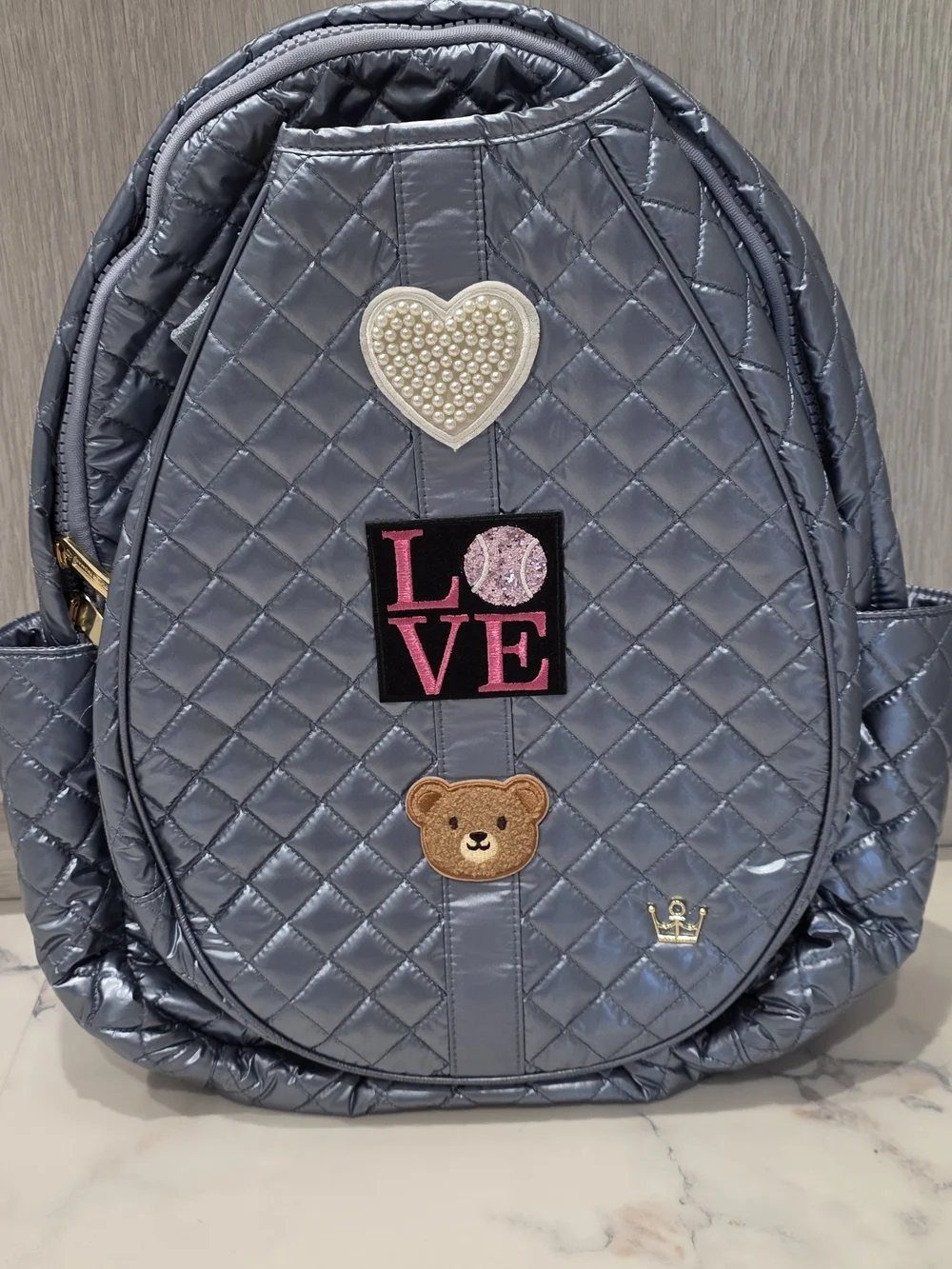 Quilted Heart & Bear Accent Backpack - Gray